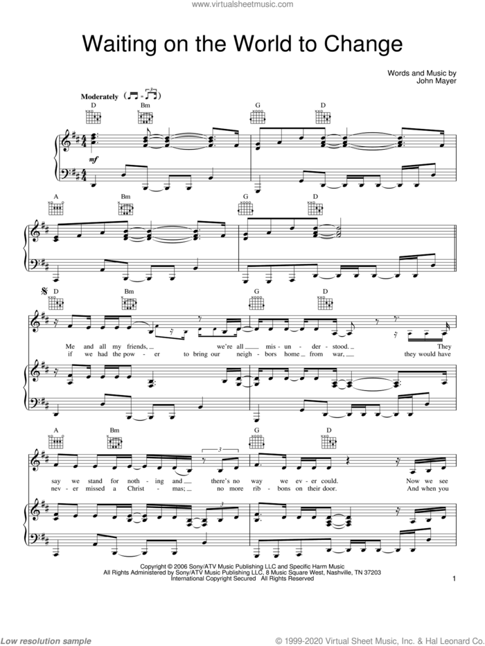 Waiting On The World To Change sheet music for voice, piano or guitar by John Mayer, intermediate skill level