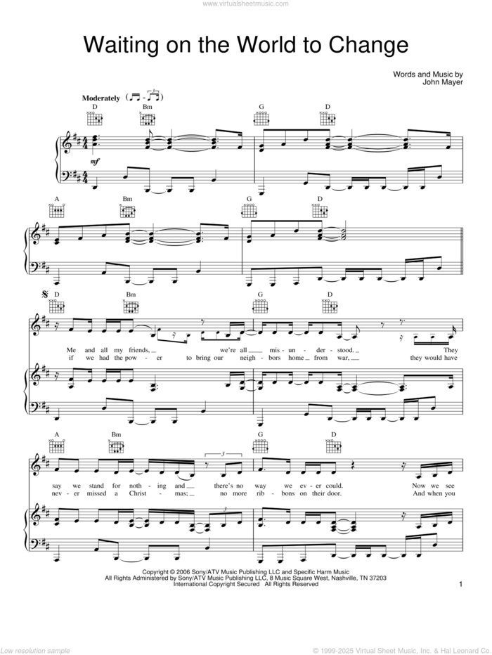 Waiting On The World To Change sheet music for voice, piano or guitar by John Mayer, intermediate skill level