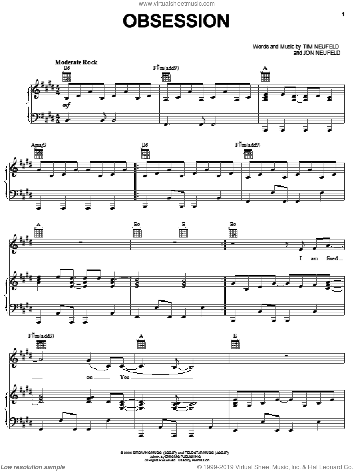 Obsession sheet music for voice, piano or guitar by Starfield, Jon Neufeld and Tim Neufeld, intermediate skill level