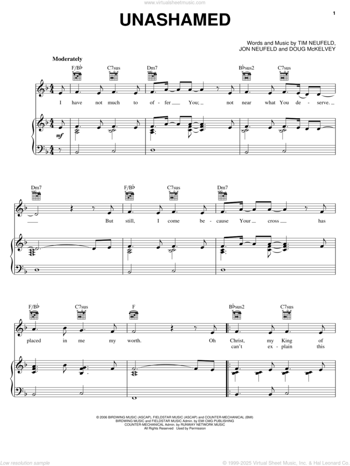 Unashamed sheet music for voice, piano or guitar by Starfield, Doug McKelvey, Jon Neufeld and Tim Neufeld, intermediate skill level