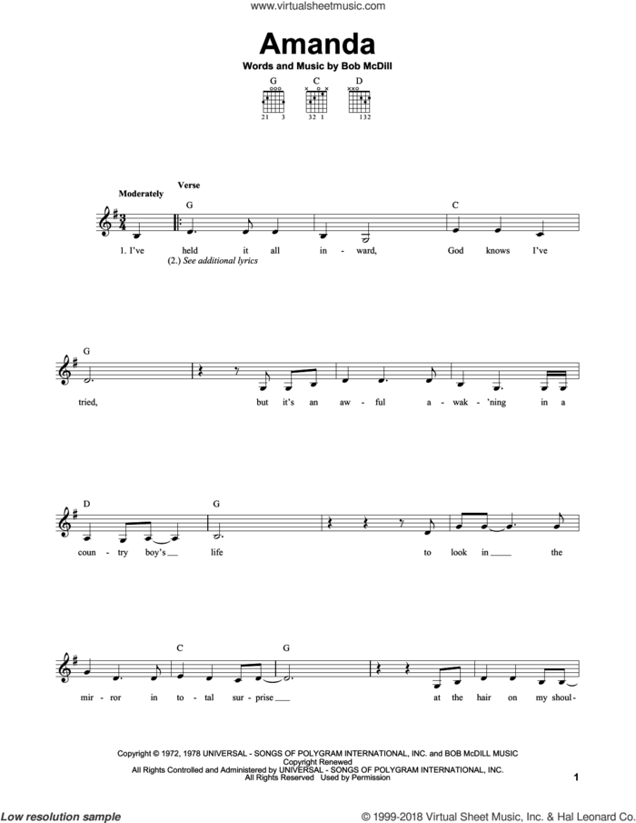 Amanda sheet music for guitar solo (chords) by Waylon Jennings and Bob McDill, easy guitar (chords)