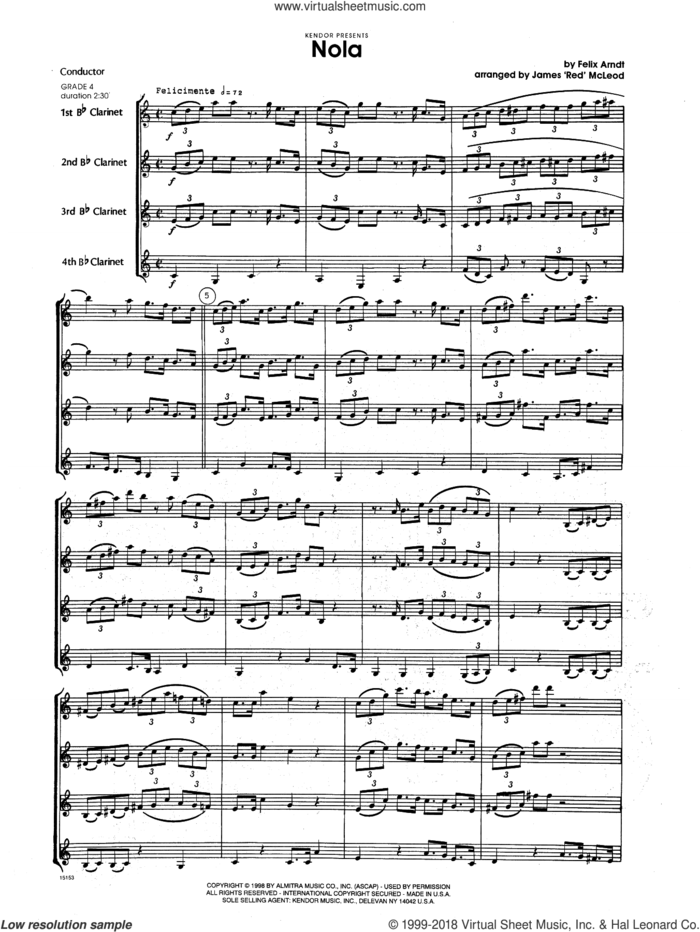 Nola (COMPLETE) sheet music for four clarinets by James 'Red' McLeod and Arndt, intermediate skill level