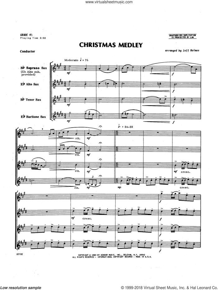 Christmas Medley (COMPLETE) sheet music for saxophone quartet by Holmes, intermediate skill level