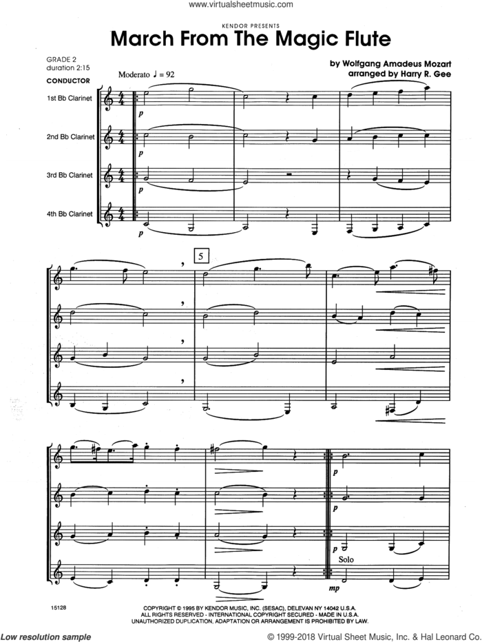 March From The Magic Flute (COMPLETE) sheet music for four clarinets by Wolfgang Amadeus Mozart and Harry Gee, classical score, intermediate skill level