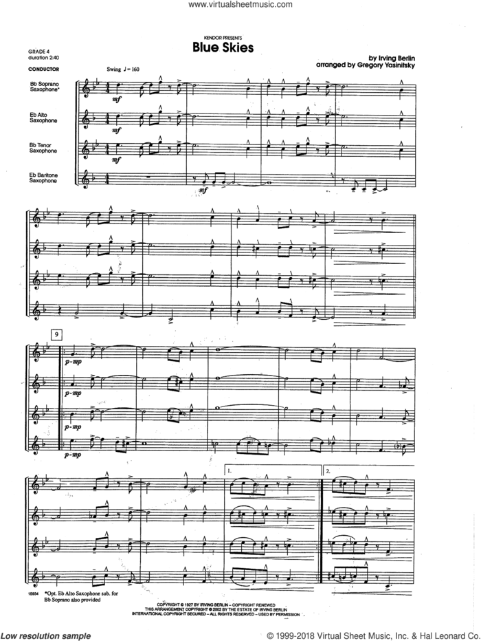 Blue Skies (COMPLETE) sheet music for saxophone quartet by Irving Berlin and Gregory Yasinitsky, intermediate skill level