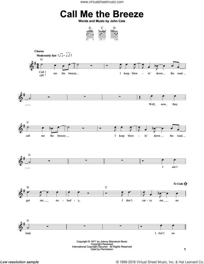 Call Me The Breeze sheet music for guitar solo (chords) by Lynyrd Skynyrd and John Cale, easy guitar (chords)