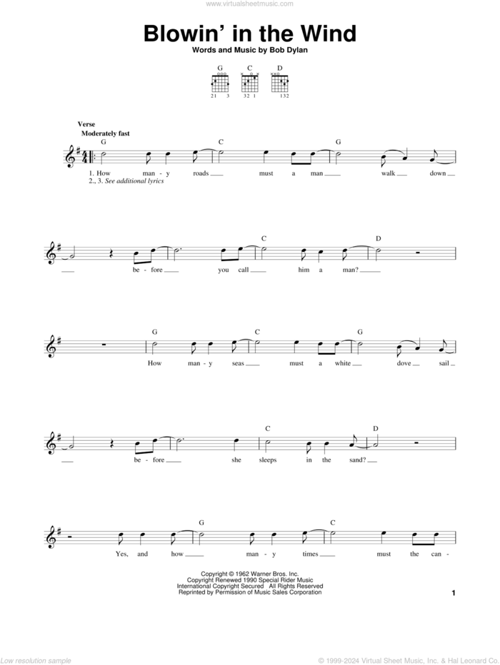 Dylan - Blowin' In The Wind sheet music (easy) for guitar solo (chords)