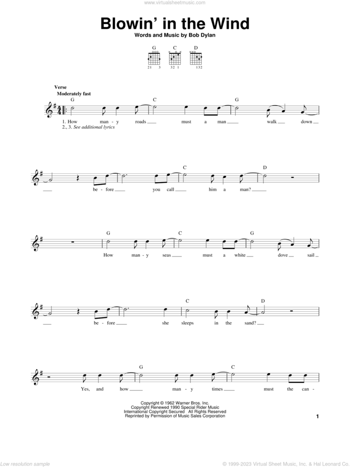 Blowin' In The Wind sheet music for guitar solo (chords) by Bob Dylan, Peter, Paul & Mary and Stevie Wonder, easy guitar (chords)