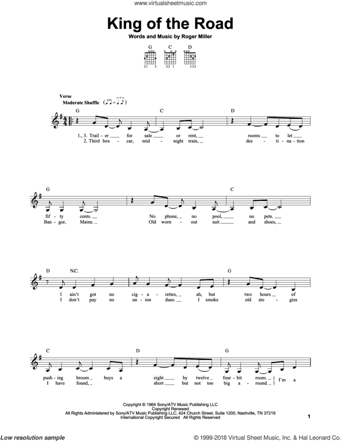 King Of The Road sheet music for guitar solo (chords) by Roger Miller and Randy Travis, easy guitar (chords)