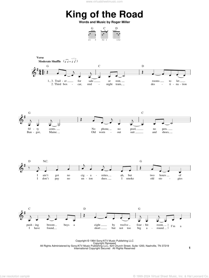 King Of The Road sheet music for guitar solo (chords) by Roger Miller and Randy Travis, easy guitar (chords)