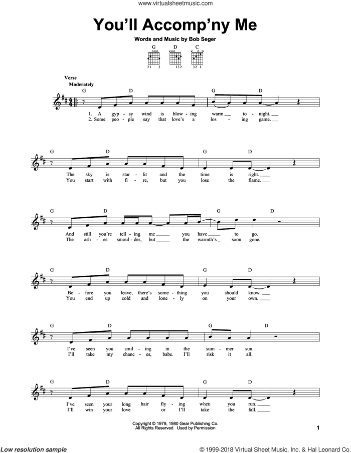 You'll Accomp'ny Me sheet music for guitar solo (chords) by Bob Seger, wedding score, easy guitar (chords)