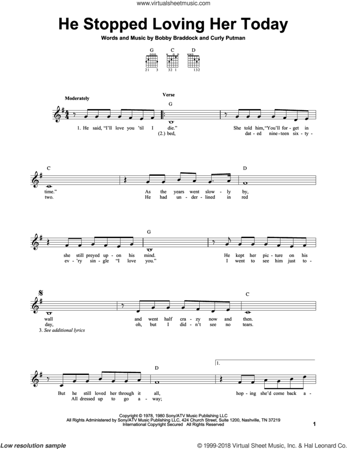 He Stopped Loving Her Today sheet music for guitar solo (chords) by George Jones, Bobby Braddock and Curly Putman, easy guitar (chords)