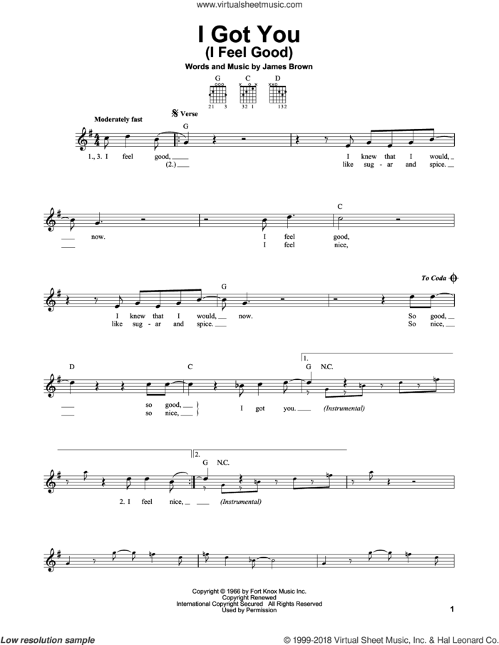 I Got You (I Feel Good) sheet music for guitar solo (chords) by James Brown, easy guitar (chords)