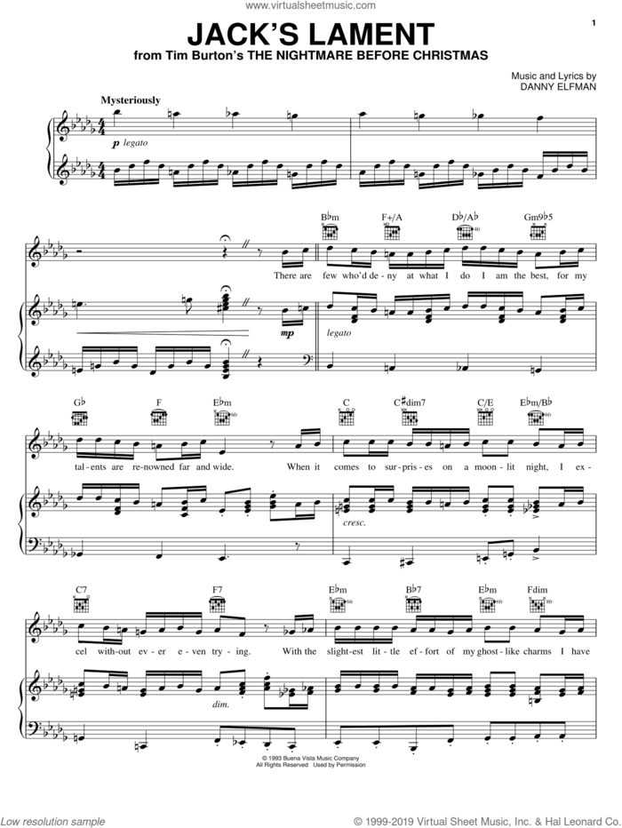 Jack's Lament (from The Nightmare Before Christmas) sheet music for voice, piano or guitar by Danny Elfman and The Nightmare Before Christmas (Movie), intermediate skill level