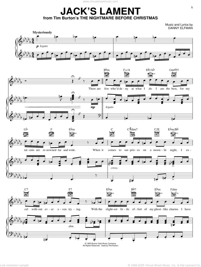 Jack's Lament (from The Nightmare Before Christmas) sheet music for voice, piano or guitar by Danny Elfman and The Nightmare Before Christmas (Movie), intermediate skill level