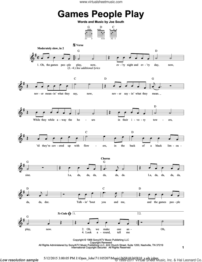 Games People Play sheet music for guitar solo (chords) by Joe South, easy guitar (chords)