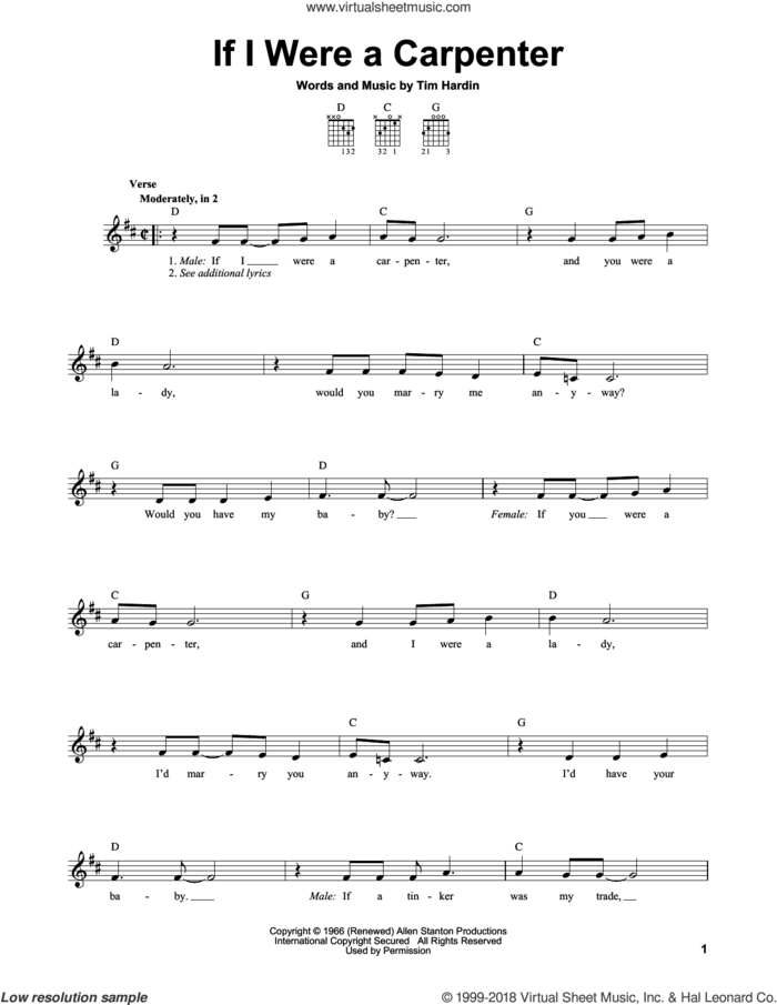 If I Were A Carpenter sheet music for guitar solo (chords) by Bobby Darin, Johnny Cash & June Carter and Tim Hardin, easy guitar (chords)