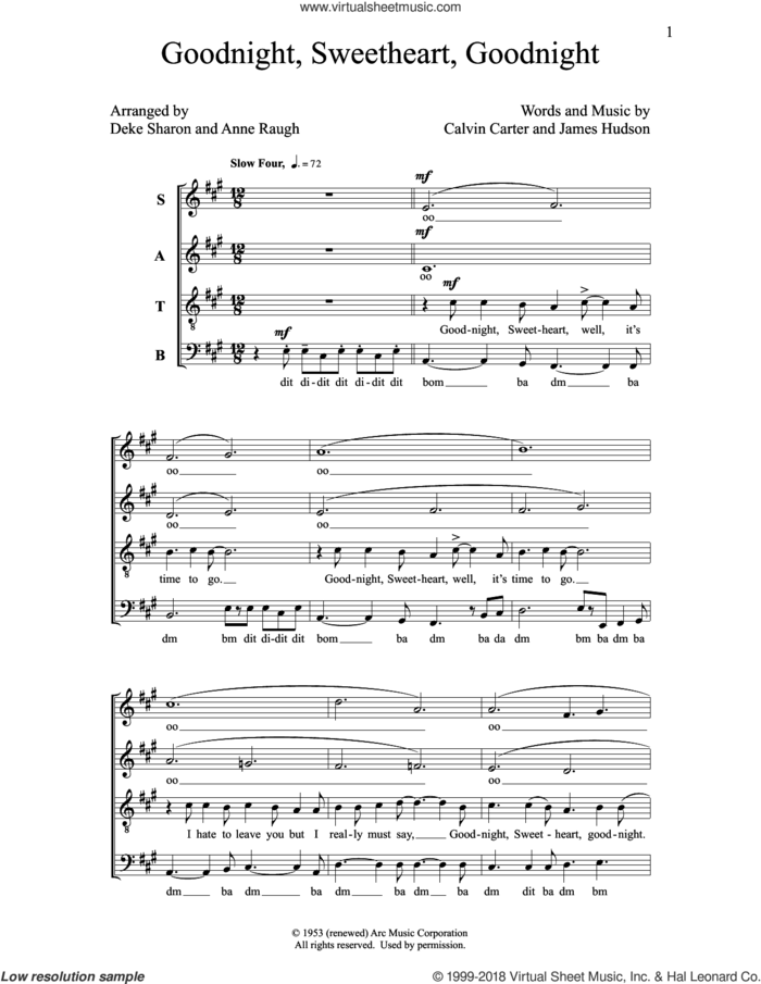 Goodnight, Sweetheart, Goodnight sheet music for choir (SATB: soprano, alto, tenor, bass) by Deke Sharon, Anne Raugh, Calvin Carter and James Hudson, intermediate skill level