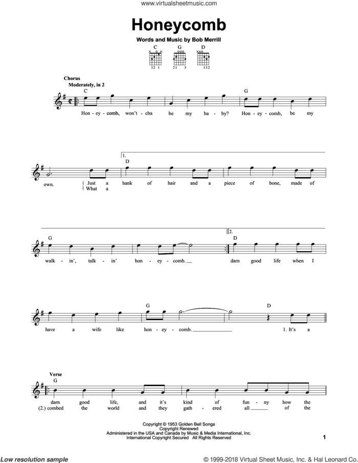 Honeycomb sheet music for guitar solo (chords) by Jimmie Rodgers and Bob Merrill, easy guitar (chords)