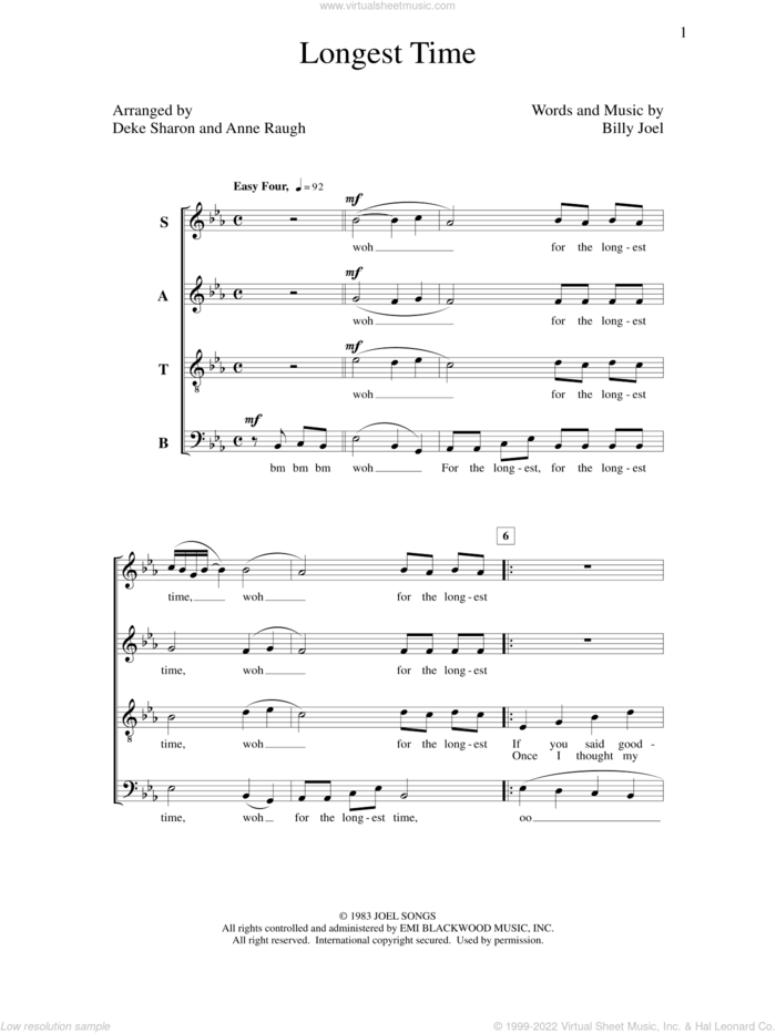 Longest Time sheet music for choir (SATB: soprano, alto, tenor, bass) by Billy Joel, Anne Raugh and Deke Sharon, intermediate skill level