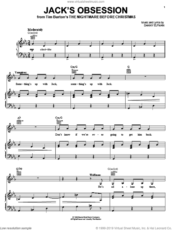 Jack's Obsession (from The Nightmare Before Christmas) sheet music for voice, piano or guitar by Danny Elfman and The Nightmare Before Christmas (Movie), intermediate skill level