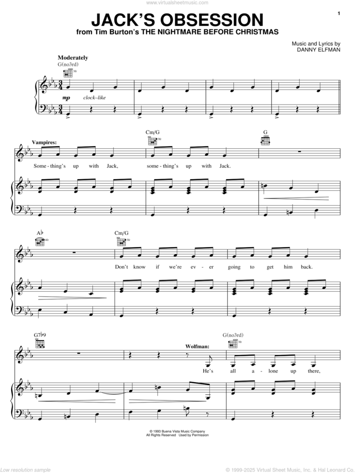 Jack's Obsession (from The Nightmare Before Christmas) sheet music for voice, piano or guitar by Danny Elfman and The Nightmare Before Christmas (Movie), intermediate skill level