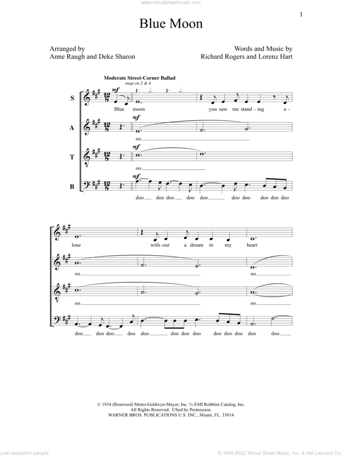 Blue Moon sheet music for choir (SATB: soprano, alto, tenor, bass) by Lorenz Hart, Anne Raugh, Deke Sharon and Richard Rogers, intermediate skill level