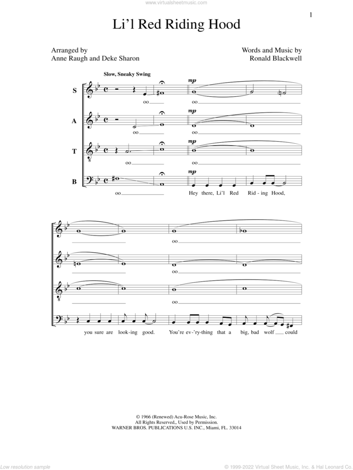Li'l Red Riding Hood sheet music for choir (SATB: soprano, alto, tenor, bass) by Deke Sharon, Anne Raugh and Ronald Blackwell, intermediate skill level