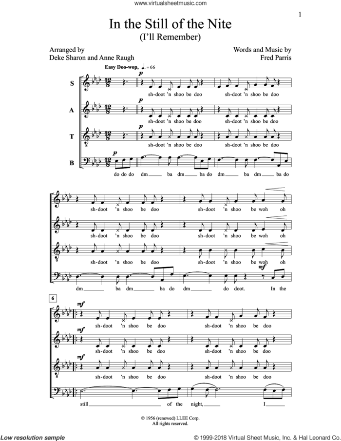In the Still of the Nite sheet music for choir (SATB: soprano, alto, tenor, bass) by Deke Sharon, Anne Raugh and Fred Parris, intermediate skill level