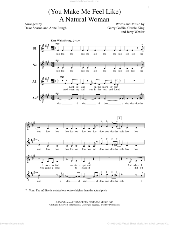 (You Make Me Feel Like) A Natural Woman sheet music for choir (SSAA: soprano, alto) by Deke Sharon, Anne Raugh, Carole King, Gerry Goffin and Jerry Wexler, intermediate skill level