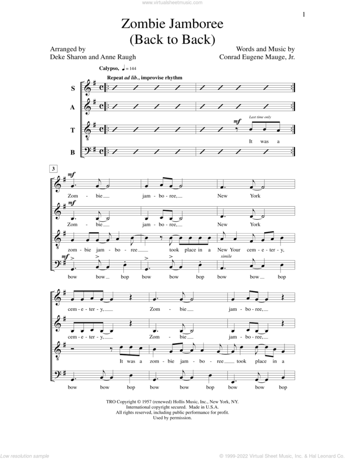 Zombie Jamboree sheet music for choir (SATB: soprano, alto, tenor, bass) by Deke Sharon, Anne Raugh, Conrad Eugene Mauge and Jr., intermediate skill level