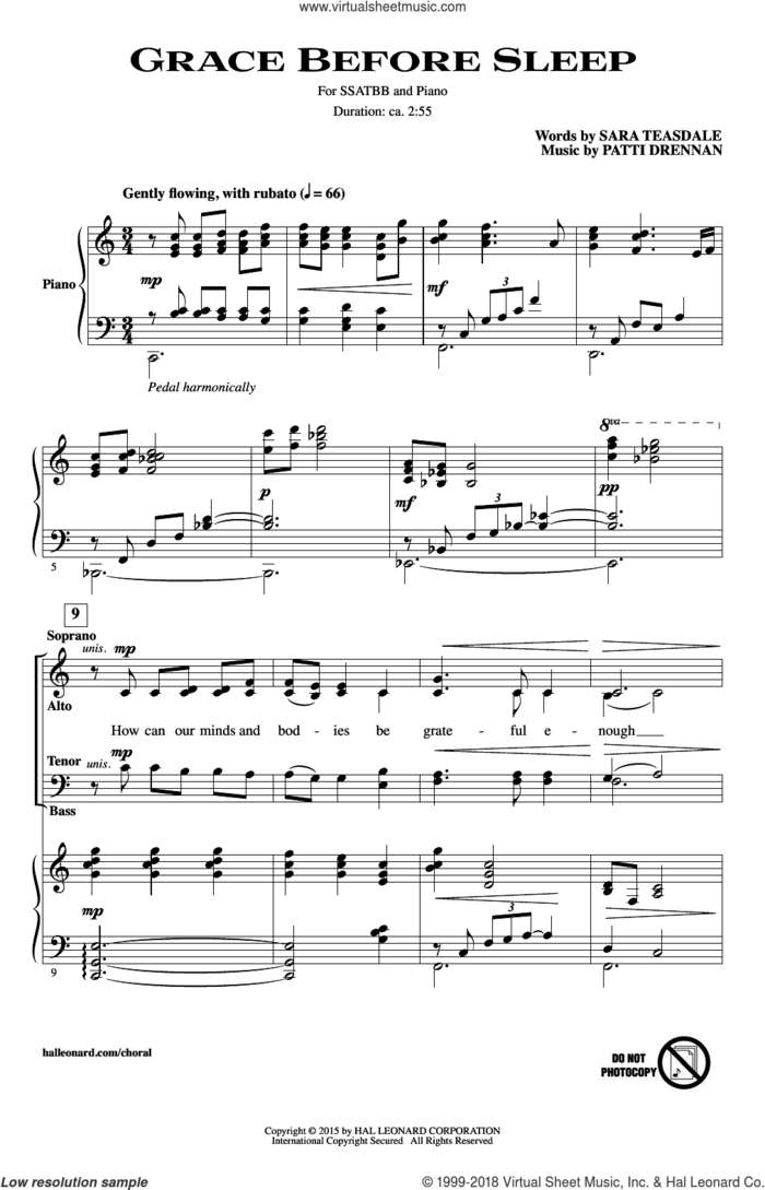 Grace Before Sleep sheet music for choir (SATB: soprano, alto, tenor, bass) by Patti Drennan and Sara Teasdale, intermediate skill level