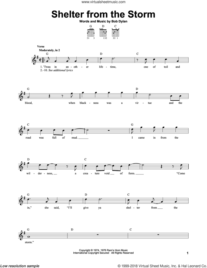 Shelter From The Storm sheet music for guitar solo (chords) by Bob Dylan, easy guitar (chords)