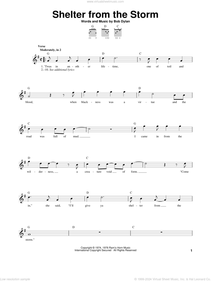 Shelter From The Storm sheet music for guitar solo (chords) by Bob Dylan, easy guitar (chords)