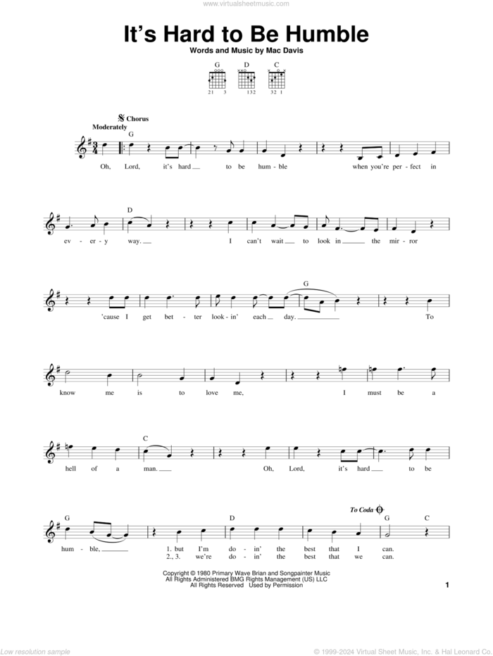 It's Hard To Be Humble sheet music for guitar solo (chords) by Mac Davis, easy guitar (chords)