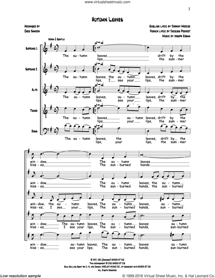 Autumn Leaves sheet music for choir (SSATB) by Deke Sharon, Anne Raugh, Jacques Prevert, Johnny Mercer and Joseph Kosma, intermediate skill level