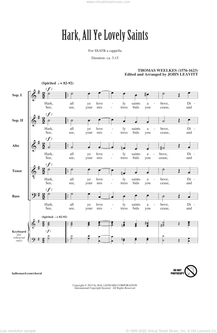 Hark All Ye Lovely Saints sheet music for choir (SATB: soprano, alto, tenor, bass) by Thomas Weelkes and John Leavitt, intermediate skill level