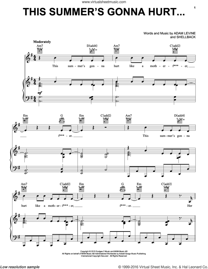 This Summer's Gonna Hurt Like A Motherf***er sheet music for voice, piano or guitar by Maroon 5, Adam Levine and Shellback, intermediate skill level