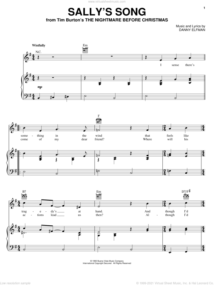 Sally's Song (from The Nightmare Before Christmas) sheet music for voice, piano or guitar by Danny Elfman and The Nightmare Before Christmas (Movie), intermediate skill level