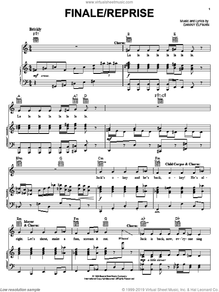 Finale/Reprise (from The Nightmare Before Christmas) sheet music for voice, piano or guitar by Danny Elfman and The Nightmare Before Christmas (Movie), intermediate skill level
