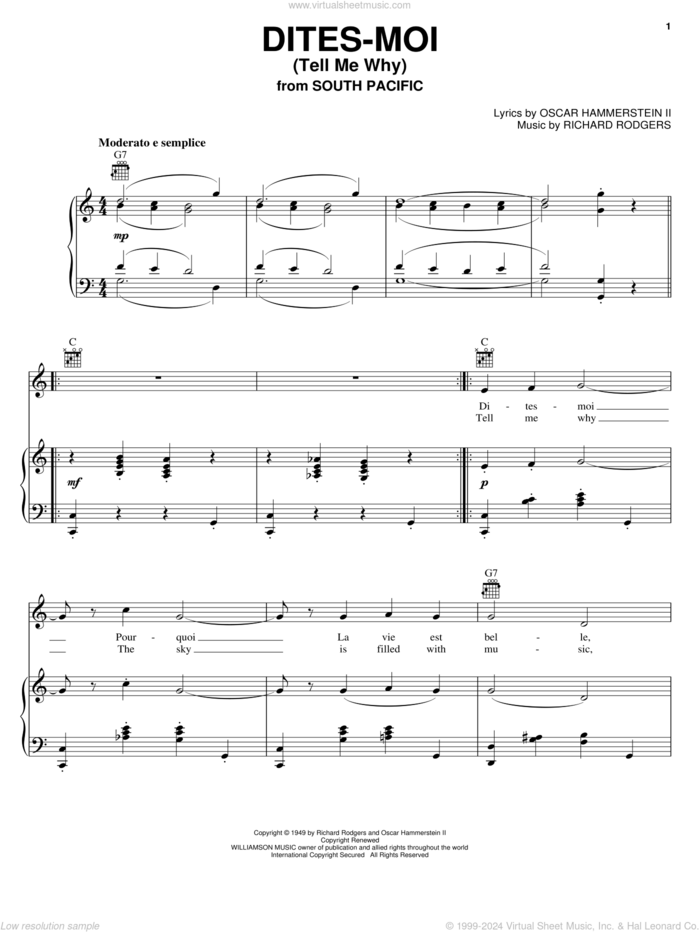 Dites-Moi (Tell Me Why) sheet music for voice, piano or guitar by Rodgers & Hammerstein, South Pacific (Musical), Oscar II Hammerstein and Richard Rodgers, intermediate skill level