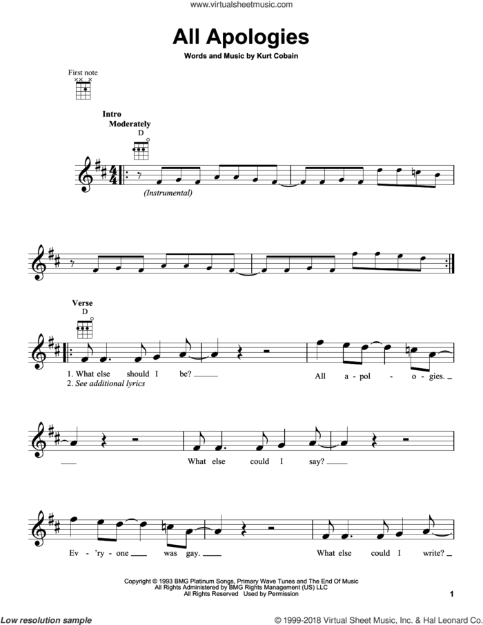 All Apologies sheet music for ukulele by Nirvana and Kurt Cobain, intermediate skill level