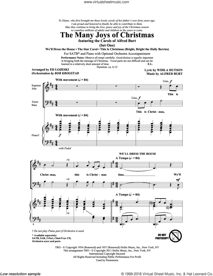 The Many Joys Of Christmas (featuring The Carols of Alfred Burt) Set 1 sheet music for choir (SATB: soprano, alto, tenor, bass) by Ed Lojeski, Alfred Burt, Bob Krogstad and Wihla Hutson, intermediate skill level