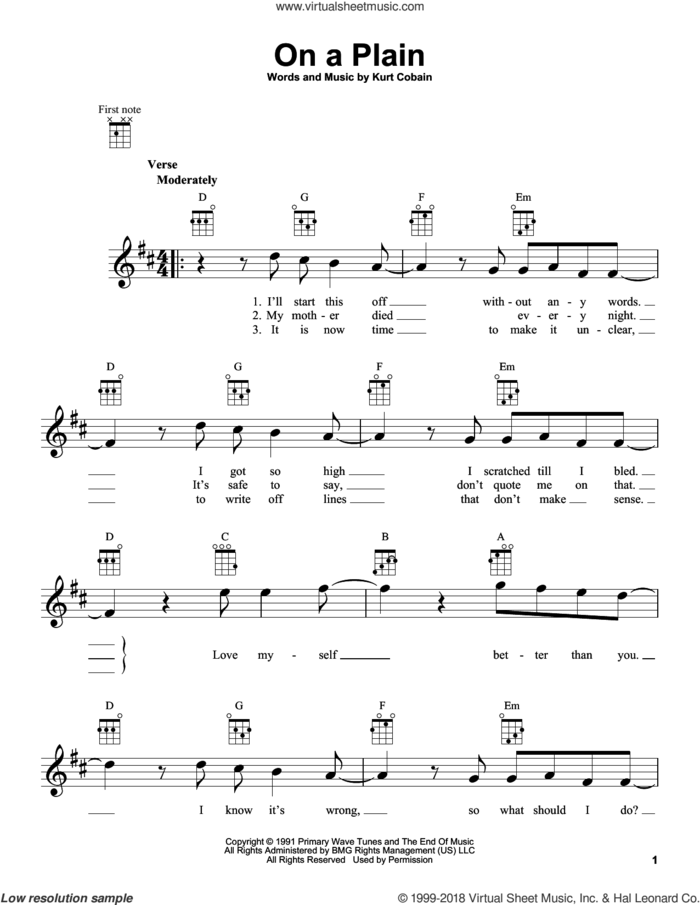 On A Plain sheet music for ukulele by Nirvana and Kurt Cobain, intermediate skill level