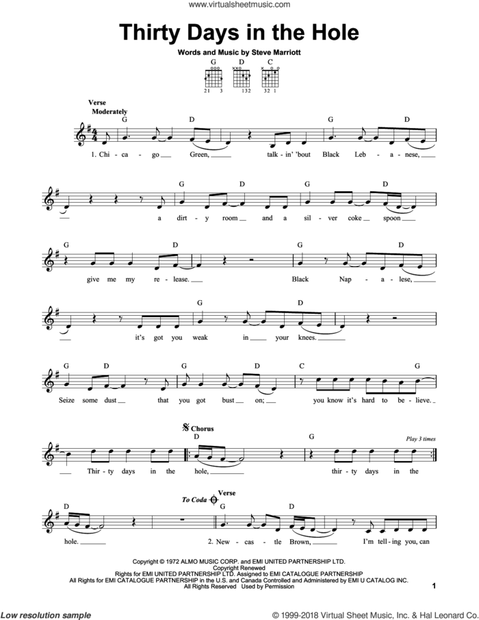 Thirty Days In The Hole sheet music for guitar solo (chords) by Humble Pie and Steve Marriott, easy guitar (chords)