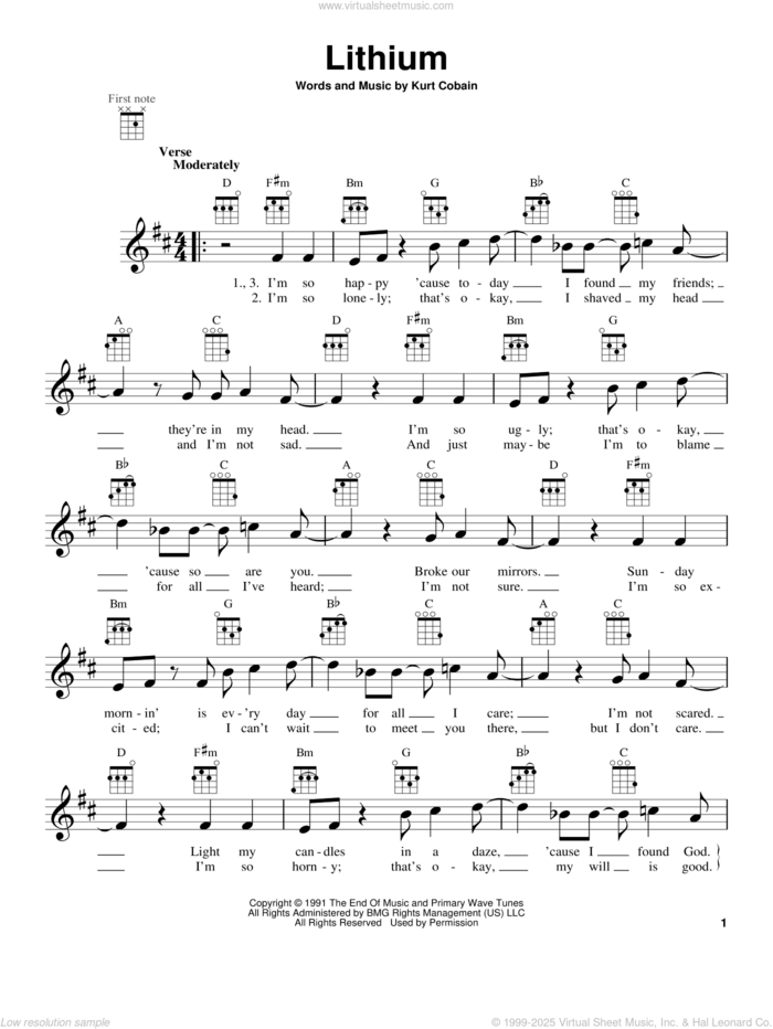 Lithium sheet music for ukulele by Nirvana and Kurt Cobain, intermediate skill level