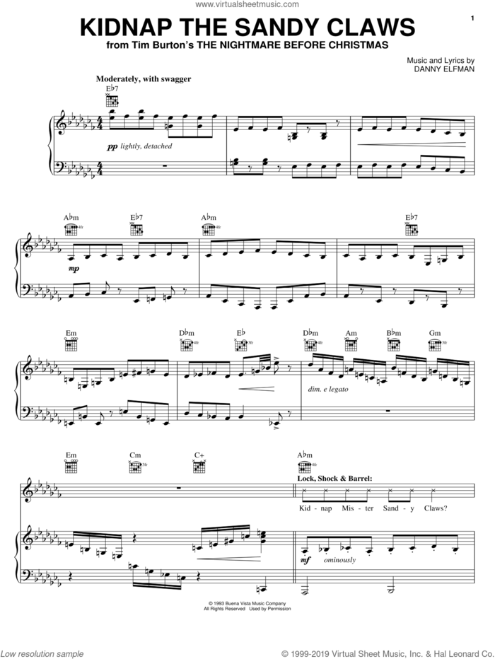 Kidnap The Sandy Claws (from The Nightmare Before Christmas) sheet music for voice, piano or guitar by Danny Elfman and The Nightmare Before Christmas (Movie), intermediate skill level