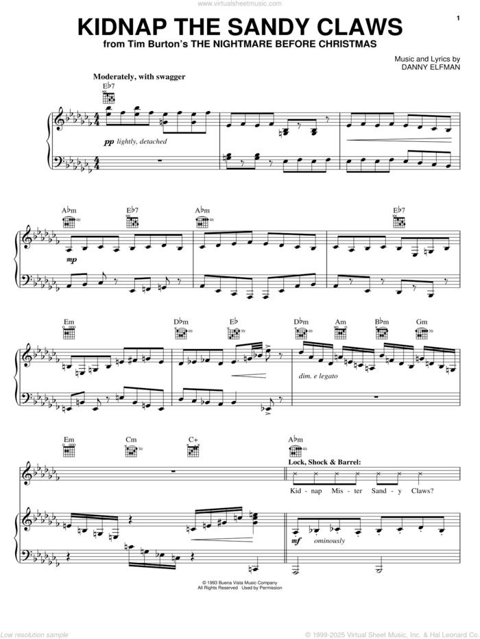 Kidnap The Sandy Claws (from The Nightmare Before Christmas) sheet music for voice, piano or guitar by Danny Elfman and The Nightmare Before Christmas (Movie), intermediate skill level