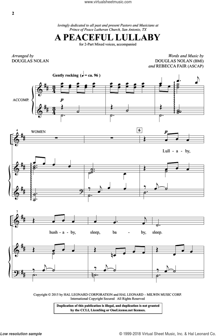 A Peaceful Lullaby sheet music for choir (2-Part) by Douglas Nolan and Rebecca Fair, intermediate duet