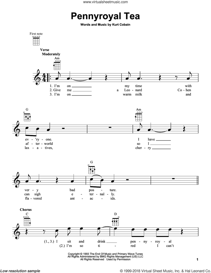 Pennyroyal Tea sheet music for ukulele by Nirvana and Kurt Cobain, intermediate skill level